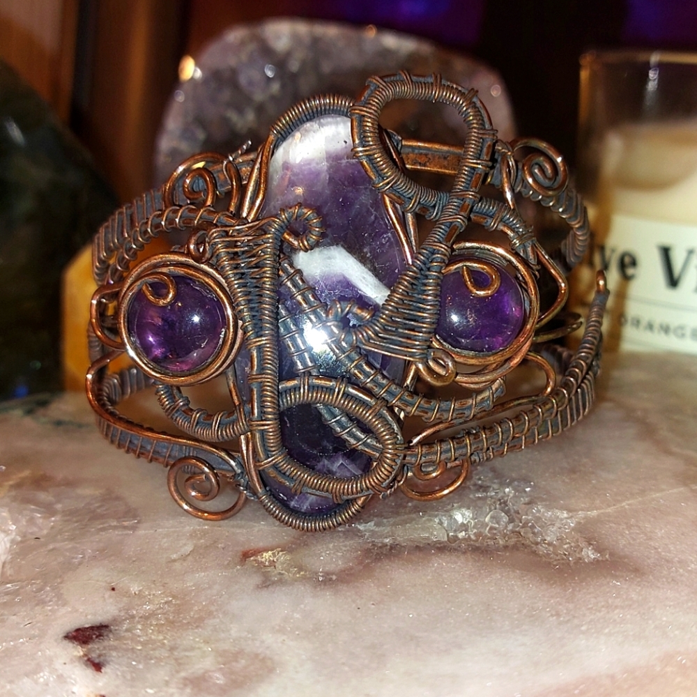 Huge Amethyst Wire Wrapped Copper Bracelet